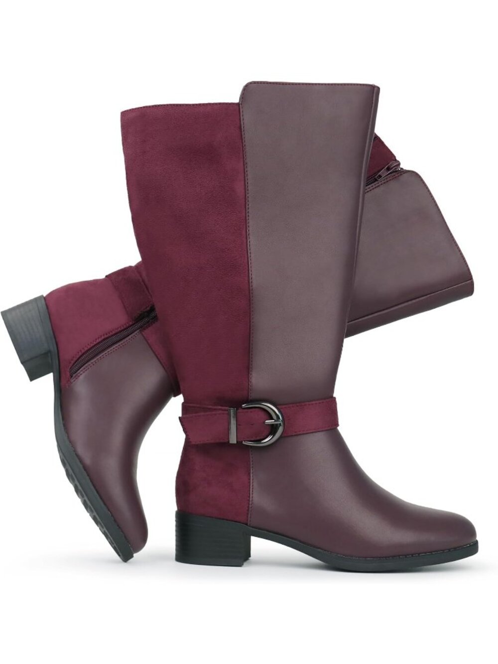 Women's Burgundy Extra Wide Calf Pull On Side Zipper Knee High Boots Pointed Toe
